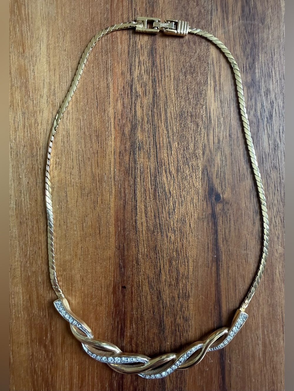 Trifari Gold-Tone Twisted Link Necklace Choker Statement with Clear Rhinestones